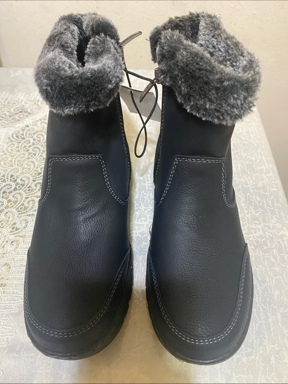 Khombu Black Ankle Boots with Gray Faux-Fur Cuff